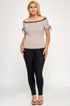 Truedames Plus Size Ots Knit Rib Striped Lace Edge Top In Pink