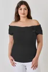 Truedames Plus Size Ots Pointelle Knit Rib Fold Over Top In Black