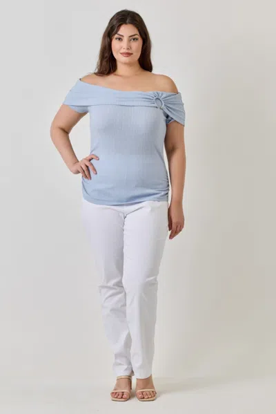 Truedames Plus Size Ots Pointelle Knit Rib Fold Over Top In Blue