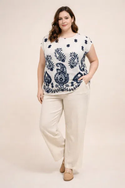 Truedames Plus Size Paisley Border Print Button-shoulder Top In Multi