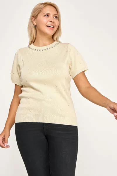 Truedames Plus Size Pearl & Rhinestone Knit Sweater Top In Neutral