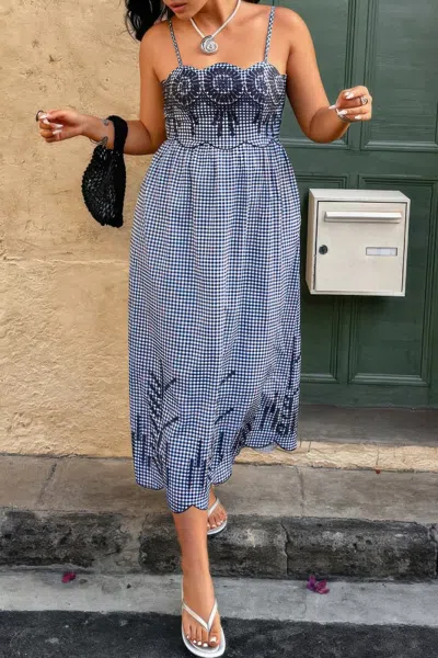 Truedames Plus Size Plaid Backless Hollow Out Strap Dress In Blue