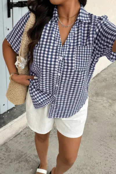 Truedames Plus Size Plaid Pocket Short Sleeve Loose Blouse In Blue