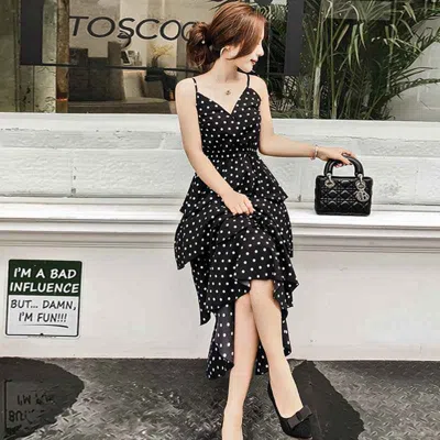 Truedames Plus Size Polka Dot Chiffon Sling Dress In Black