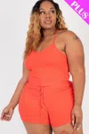 Truedames Plus Size Ribbed Crop Cami Top & Shorts Set In Orange