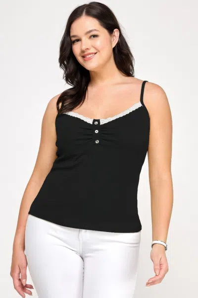 Truedames Plus Size Ribbed Knit Camisole With Lace Trim In Black