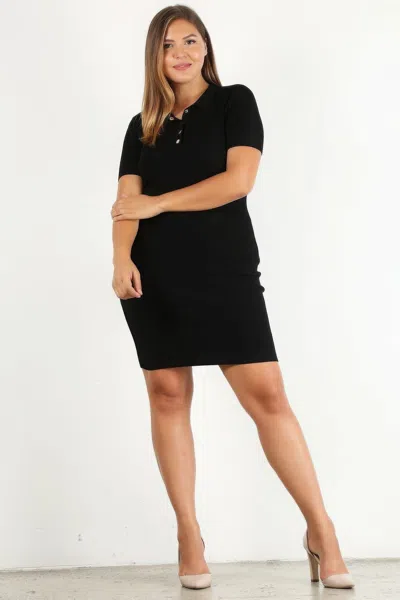 Truedames Plus Size Ribbed Knit Polo Dress In Black