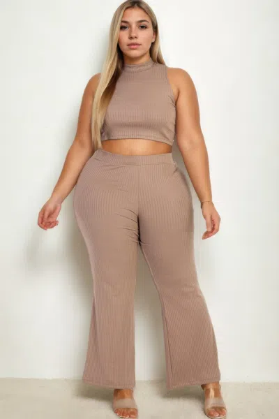 Truedames Plus Size Ribbed Mock Neck Crop Tank Top& Bootcut Pants Set In Beige