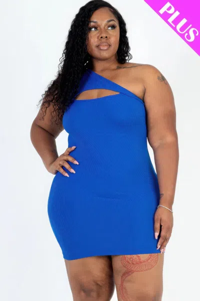 Truedames Plus Size Ribbed One Shoulder Cutout Front Casual Mini Bodycon Dress In Blue