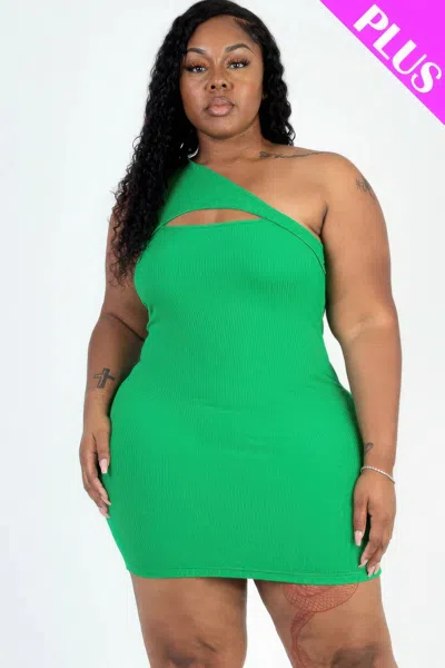 Truedames Plus Size Ribbed One Shoulder Cutout Front Casual Mini Bodycon Dress In Green