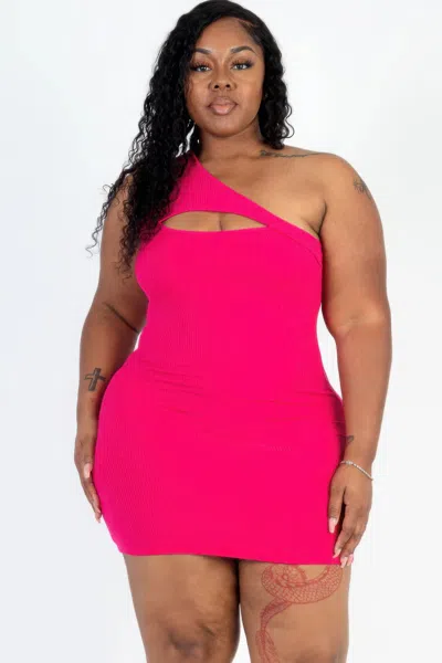 Truedames Plus Size Ribbed One Shoulder Cutout Front Casual Mini Bodycon Dress In Pink
