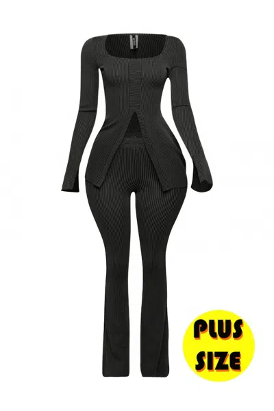 Truedames Plus Size Ribbed Pant Set With Slit Detail In Black