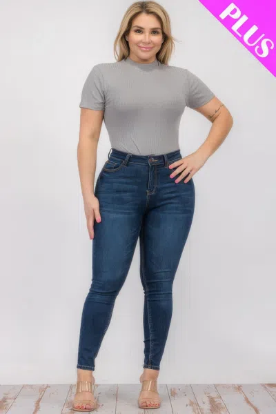 Truedames Plus Size Ribbed Short Sleeve Bodysuit In Gray
