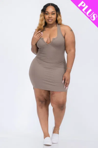 Truedames Plus Size Ribbed Split Neck Tank Mini Dress In Gray