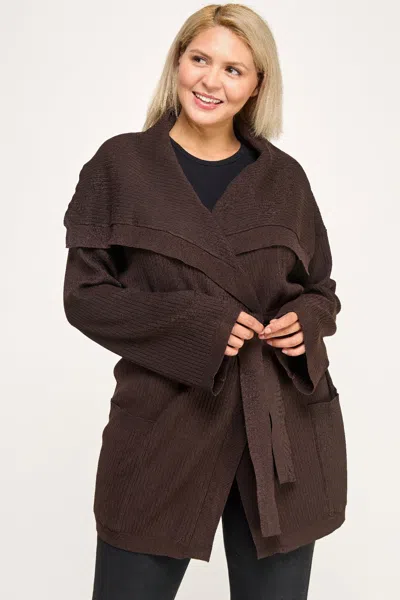 Truedames Plus Size Ribbed Wrap Cardigan With Waist Belt In Brown