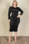 Truedames Curvy Plus Size Ruched Long Sleeve Midi Dress In Black