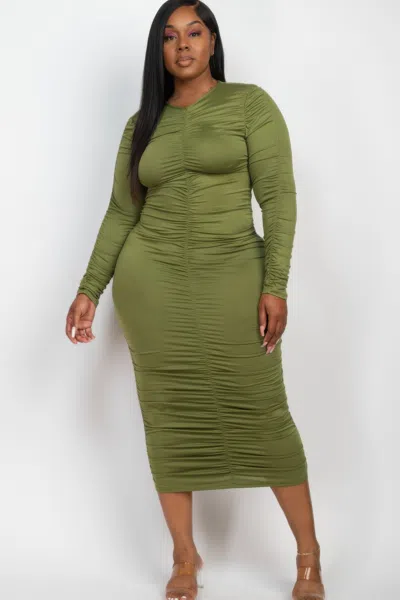 Truedames Plus Size Ruched Long Sleeve Midi Dress In Green