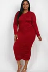 Truedames Curvy Plus Size Ruched Long Sleeve Midi Dress In Red
