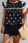 Truedames Plus Size Ruffle Hem Random Print Loose Shirt In Black