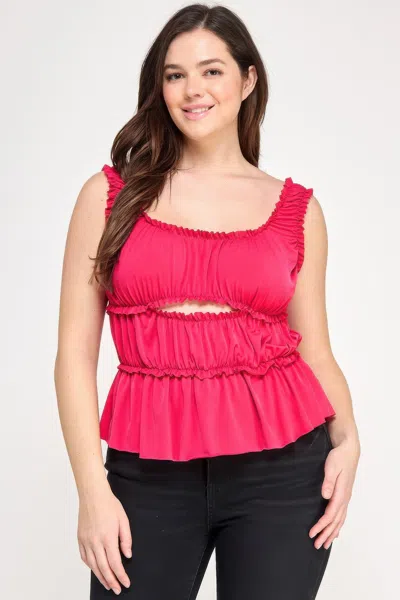 Truedames Plus Size Ruffled Tank With Cut Out In Multi