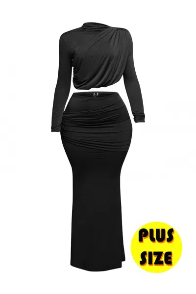 Truedames Plus Size Shirring Detailed Top & Long Skirt Set In Black