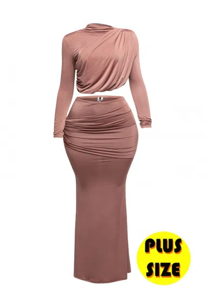 Truedames Plus Size Shirring Detailed Top & Long Skirt Set In Brown