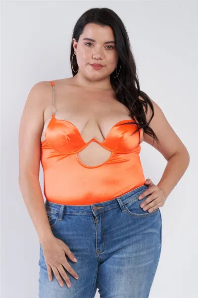 Truedames Plus Size Silk Chain Spaghetti Strap High Thong Center Cut Out Bodysuit In Orange