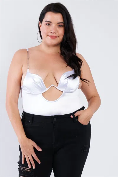 Truedames Plus Size Silk Chain Spaghetti Strap High Thong Center Cut Out Bodysuit In White