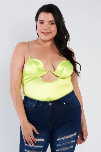 Truedames Plus Size Silk Chain Spaghetti Strap High Thong Center Cut Out Bodysuit In Yellow