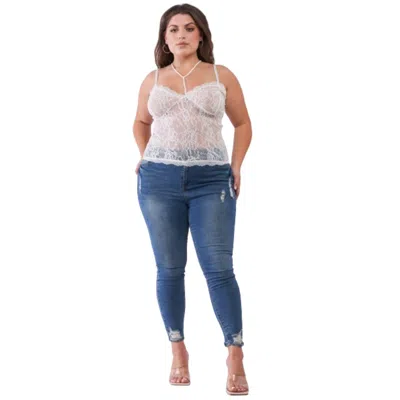 Truedames Plus Size Sleeveless Sheer Lace Halter Neck Detail Bustier Top In White