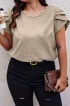 Truedames Plus Size Solid Round Neck Fold Short Sleeve Shirt In Neutral