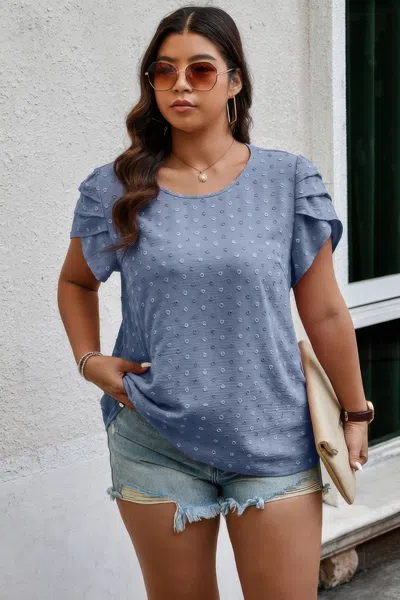 Truedames Plus Size Solid Swiss Dots Short Sleeve Blouse In Blue