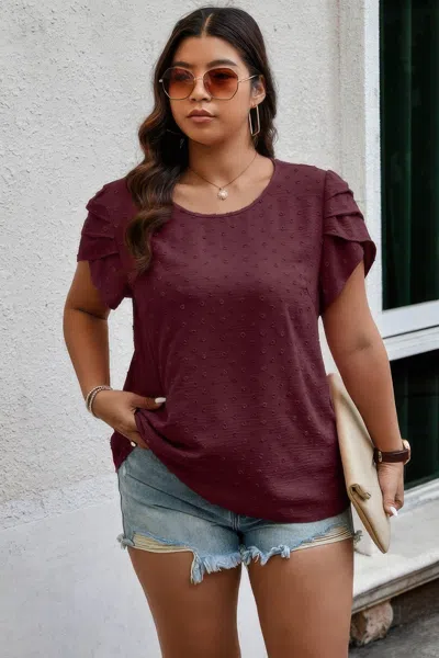 Truedames Plus Size Solid Swiss Dots Short Sleeve Blouse In Burgundy