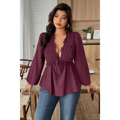 Truedames Plus Size Solid V Neck Lace Patchwork Shirt In Purple