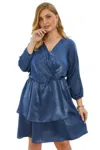 Truedames Plus Size Solid V Neck Ruffled Hem Dress In Blue