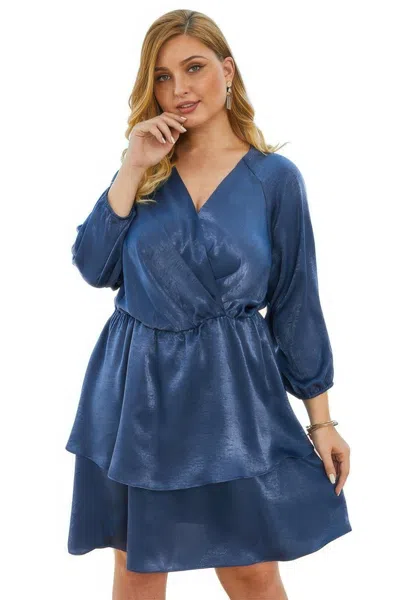 Truedames Plus Size Solid V Neck Ruffled Hem Dress In Blue
