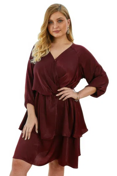 Truedames Plus Size Solid V Neck Ruffled Hem Dress In Pink