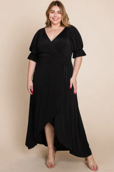 Truedames Plus Size Solid Venezia Faux Wrap Maxi Dress In Black