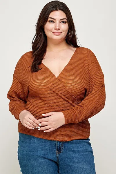 Truedames Plus Size Textured Waffle Sweater Knit Top In Brown