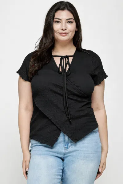 Truedames Plus Size Textured Wrap Top With Tie Neck In Black