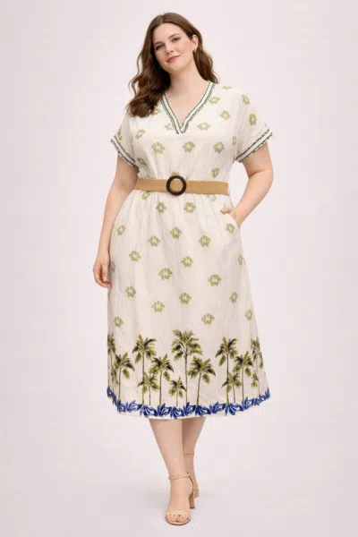 Truedames Plus Size Tropical Border Print Midi Dress In Green