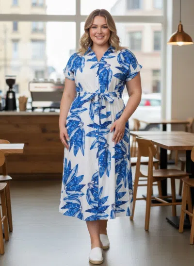 Truedames Plus Size Tropical Leaf Midi Dress In Blue
