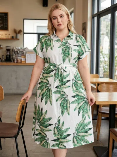 Truedames Plus Size Tropical Leaf Midi Dress In Green