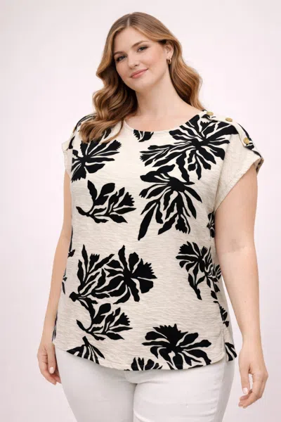 Truedames Plus Size Tropical Leaf Print Button-shoulder Top In Black