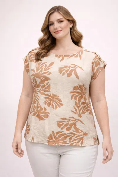 Truedames Plus Size Tropical Leaf Print Button-shoulder Top In Brown