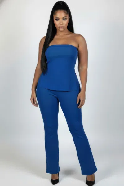 Truedames Plus Size Ultra-fine Ribbed Slit Tube Top & High-waist Flare Pants Set In Blue