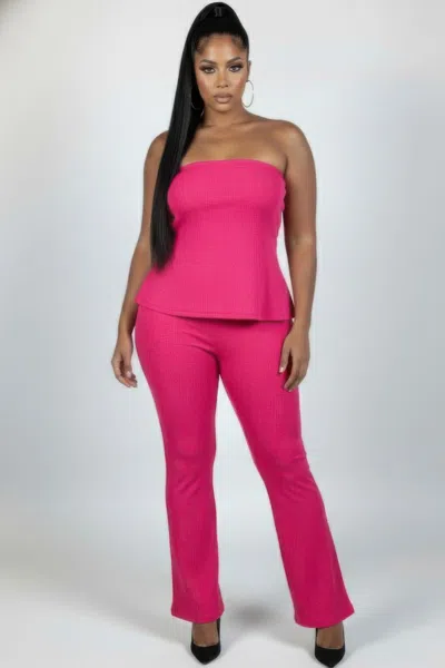 Truedames Plus Size Ultra-fine Ribbed Slit Tube Top & High-waist Flare Pants Set In Pink