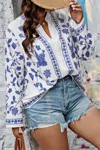 Truedames Plus Size V Neck Button Floral Print Loose Blouse In Blue