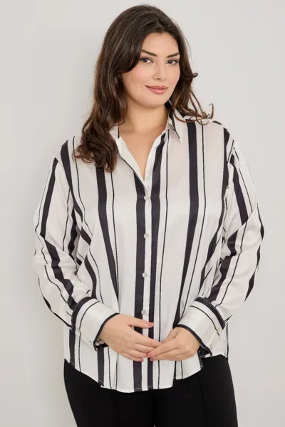 Truedames Plus Size Vertical Stripe Button Down Blouse In Black