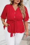 Truedames Plus Solid Butterfly Sleeve Knot Front Peplum Shirt In Red